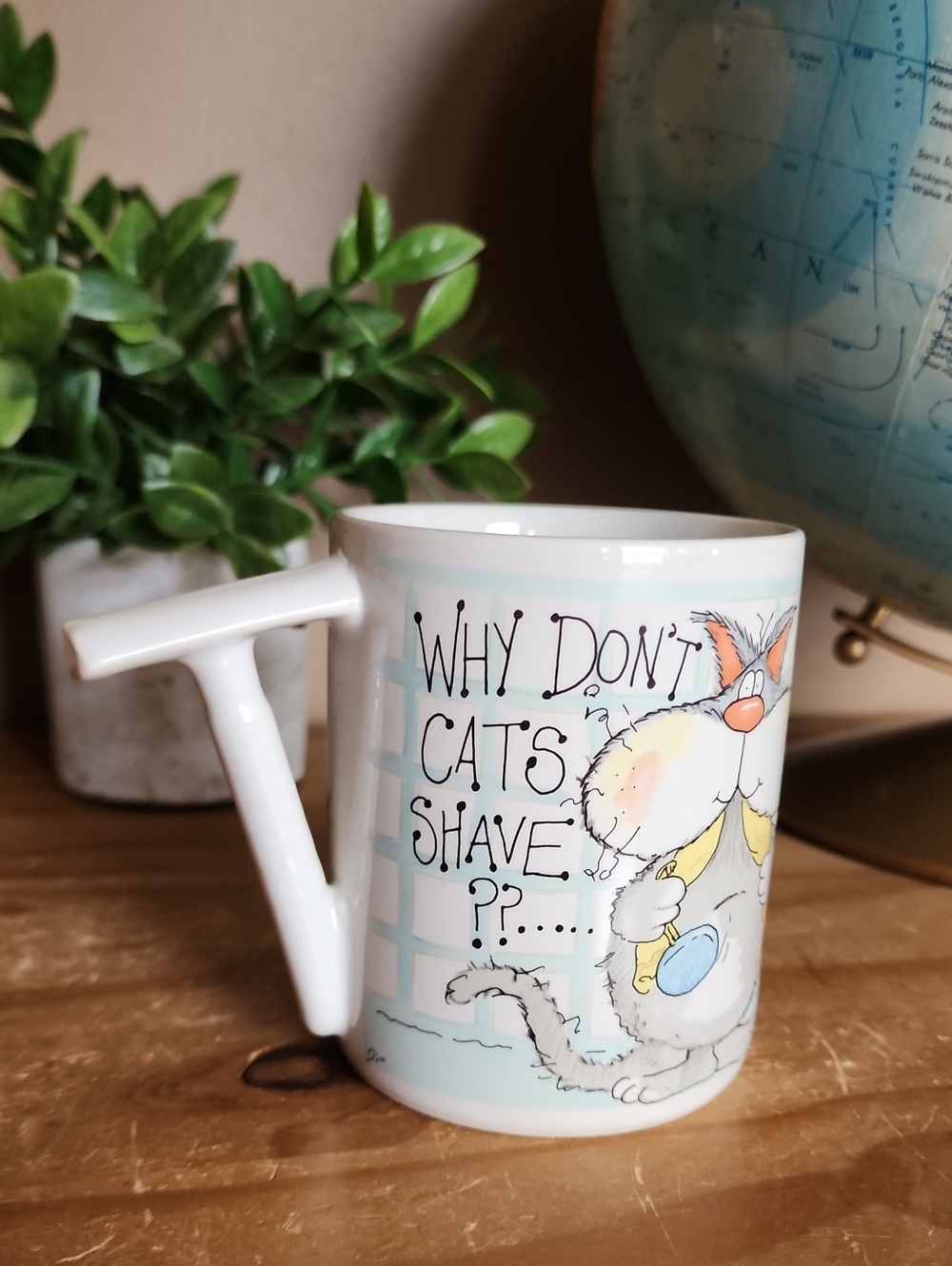 Vintage Andrew Brownsword "Why Don't Cats Shave?" Novelty Mug - 1990s Cartoon